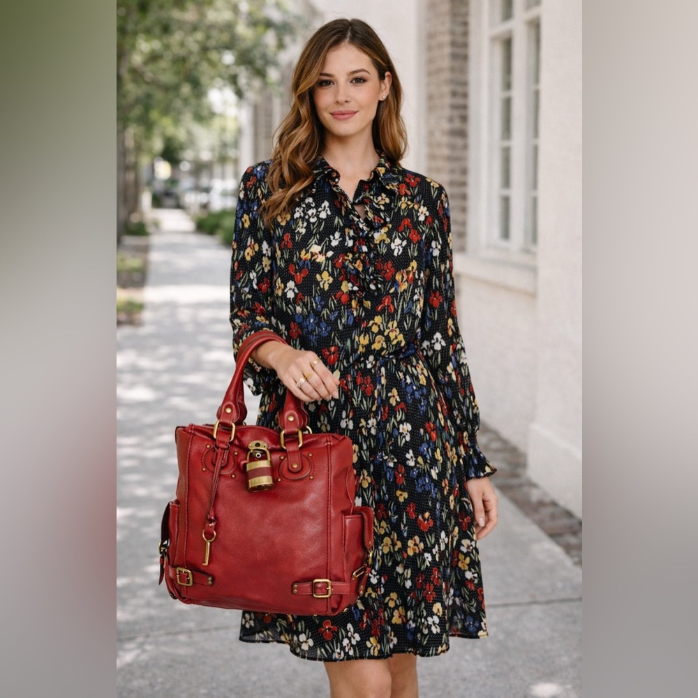 Tory Burch Navy Polka Dot Multicolor Iris Flowers & Pearlized Buttons Dress